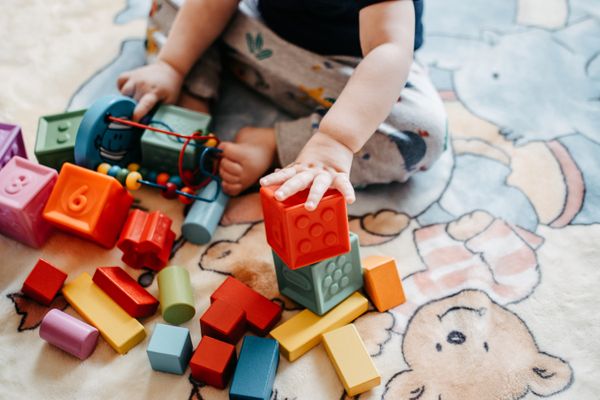 Colorful children's toys collection featuring educational toys, building blocks, stuffed animals, and games arranged beautifully for kids playroom